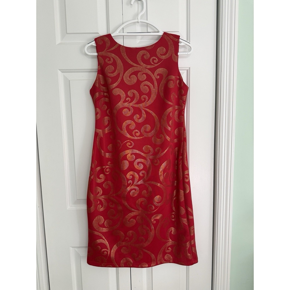 Shelby & Palmer Red Gold Tone Swirls Fitted Sheath Dress Career Work Size 10